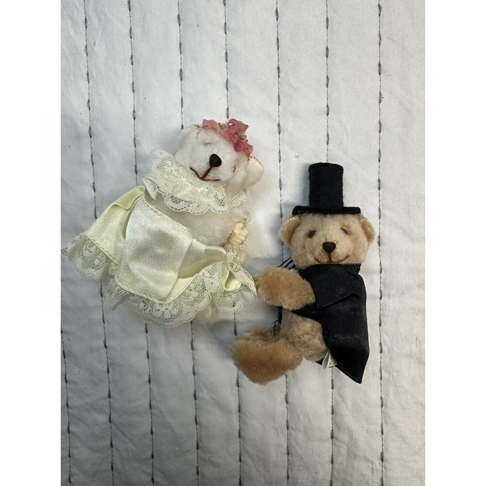Vintage Russ Berrie Huggables Bride Groom Set Pencil Huggers 4” Plush Teddy Bear